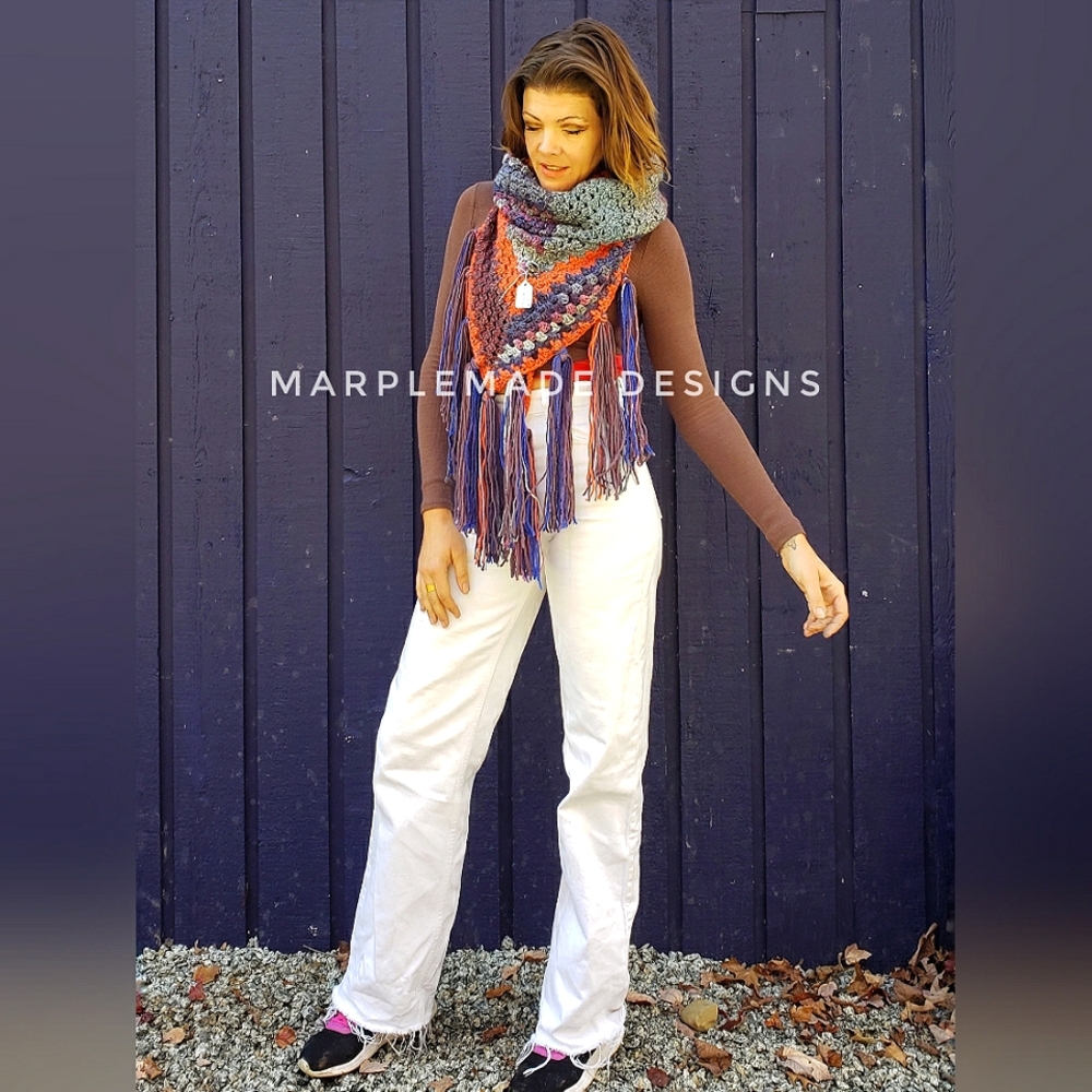 NWT* Handmade wrap scarf💜 MarpleMade Designs,  the Mix Up scarf, denim/orange - Picture 6 of 11